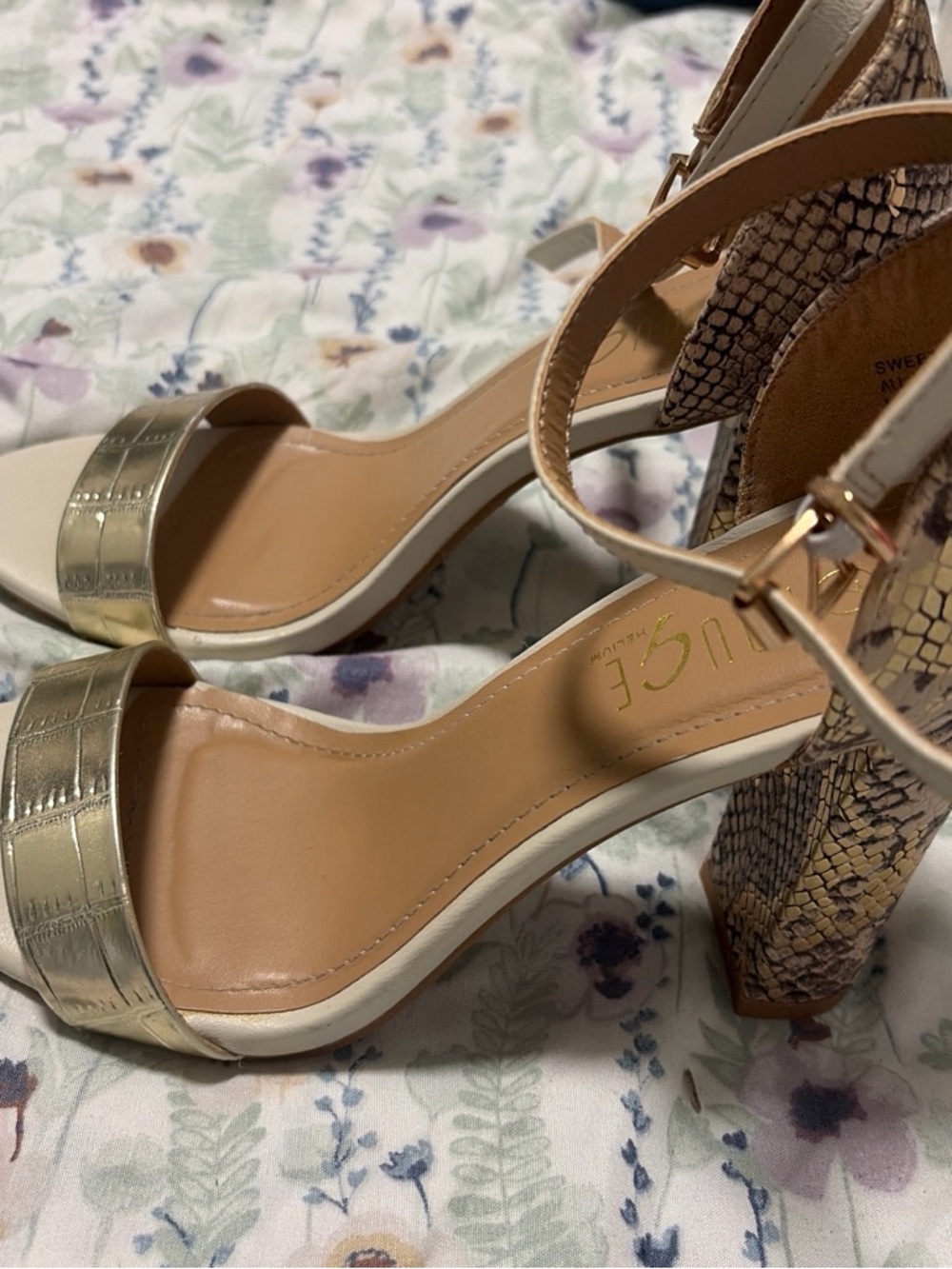 Gold Metallic & Snake-Print Block Heel Sandals